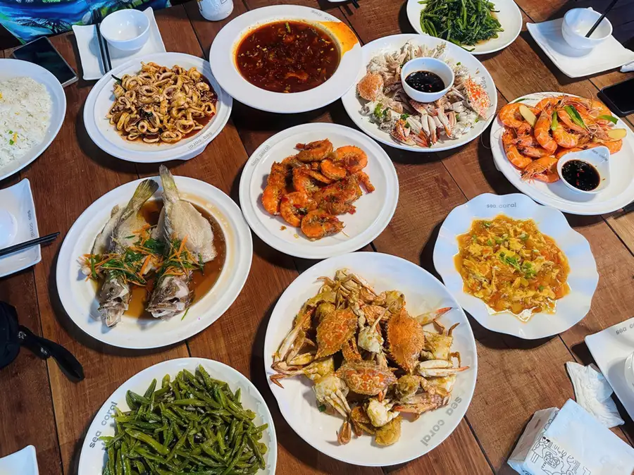Close up of fresh food on the guest buffet table Sea Coral Resort